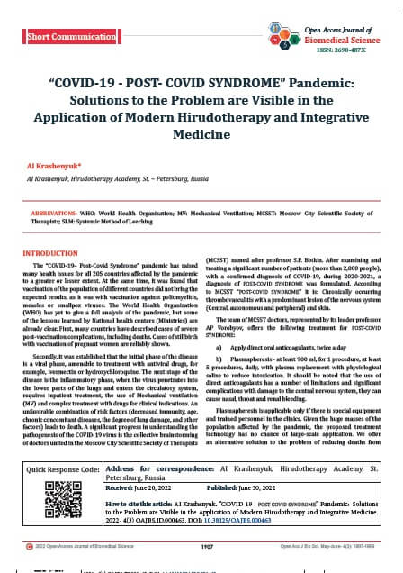 COVID-19 - POST- COVID SYNDROME” Pandemic: Solutions to the Problem are Visible in the Application of Modern Hirudotherapy and Integrative Medicine